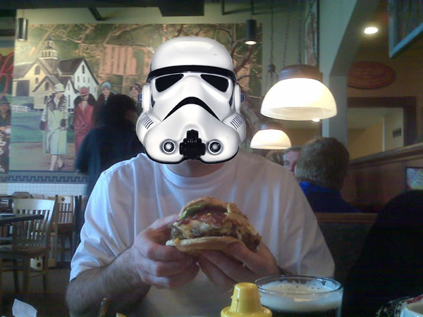 Stormtrooper Enjoys Max & Erma’s Garbage Burger